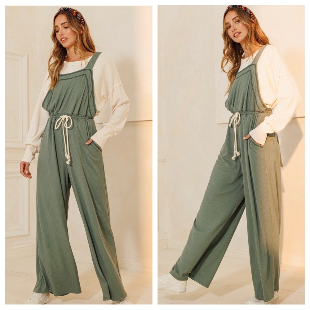 Boho Ribbed knit Wide Leg Tie at Waist Jumpsuit with side pockets